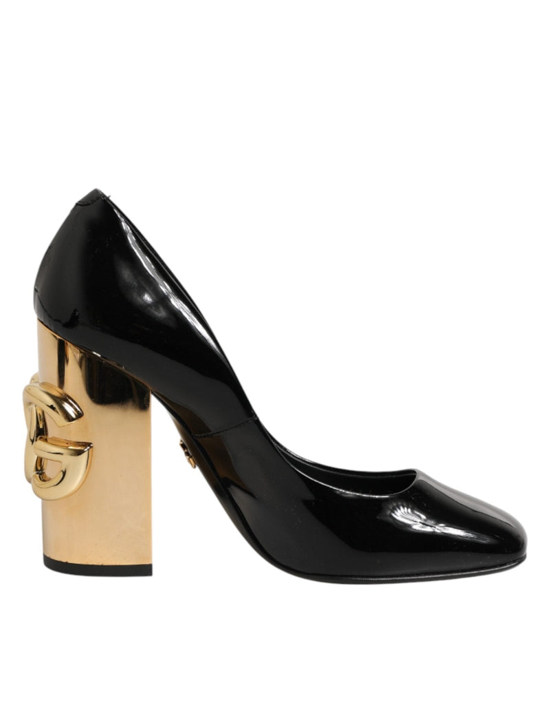 Dolce & Gabbana Black Gold Patent Leather Logo Heels Pumps Shoes - Beyzy Store - Dolce & Gabbana