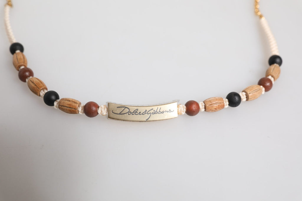 Dolce & Gabbana Black Gold Wooden Beaded Logo Pendant Necklace - Beyzy Store - Dolce & Gabbana