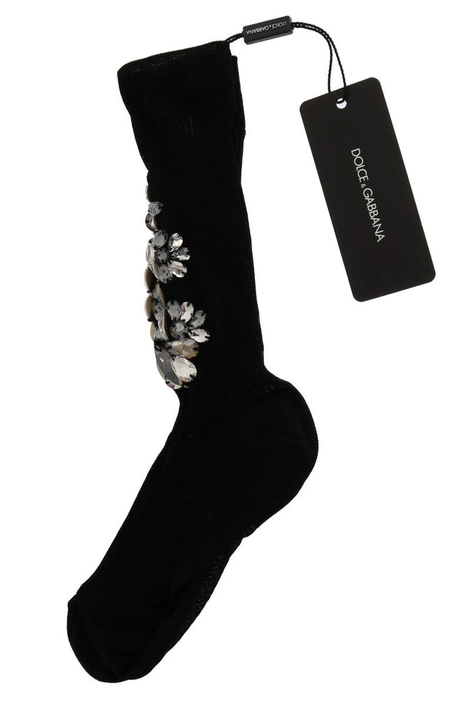 Dolce & Gabbana Black Knitted Floral Clear Crystal Socks - Beyzy Store - Dolce & Gabbana