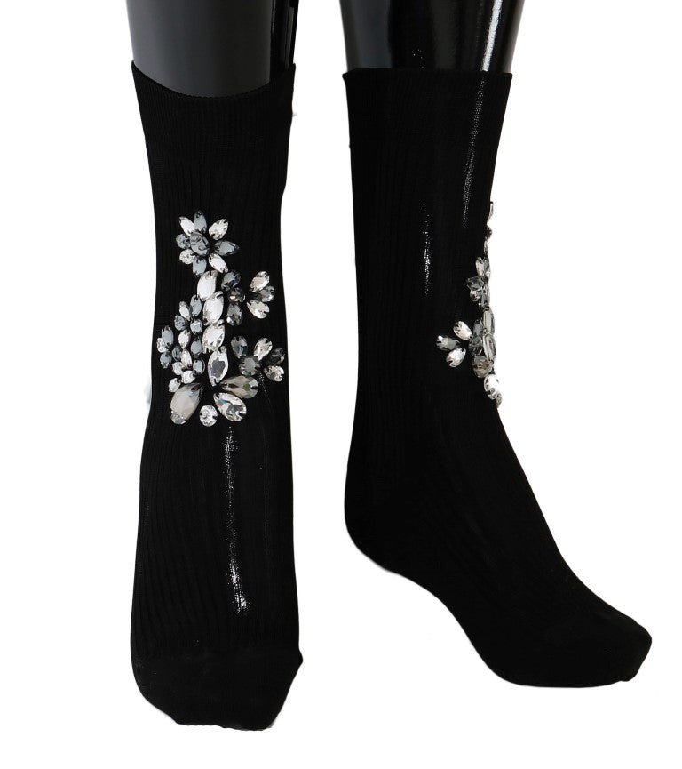 Dolce & Gabbana Black Knitted Floral Clear Crystal Socks - Beyzy Store - Dolce & Gabbana