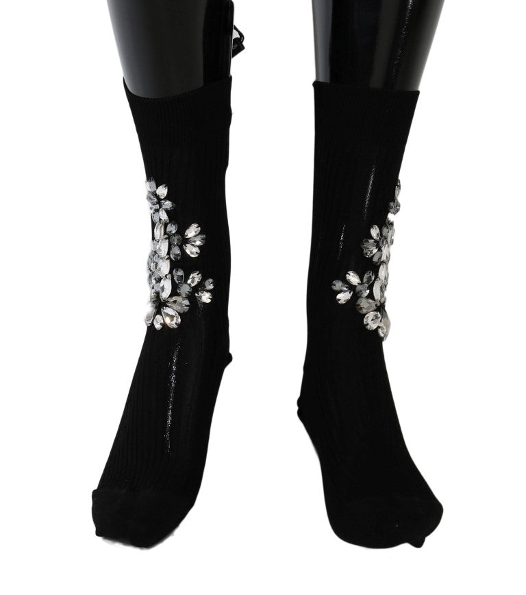 Dolce & Gabbana Black Knitted Floral Clear Crystal Socks - Beyzy Store - Dolce & Gabbana