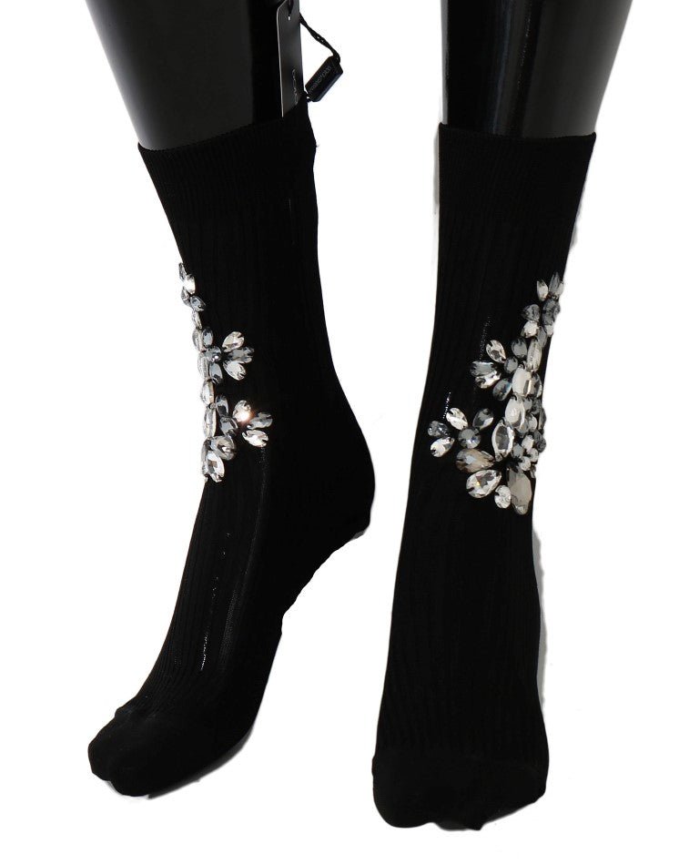 Dolce & Gabbana Black Knitted Floral Clear Crystal Socks - Beyzy Store - Dolce & Gabbana