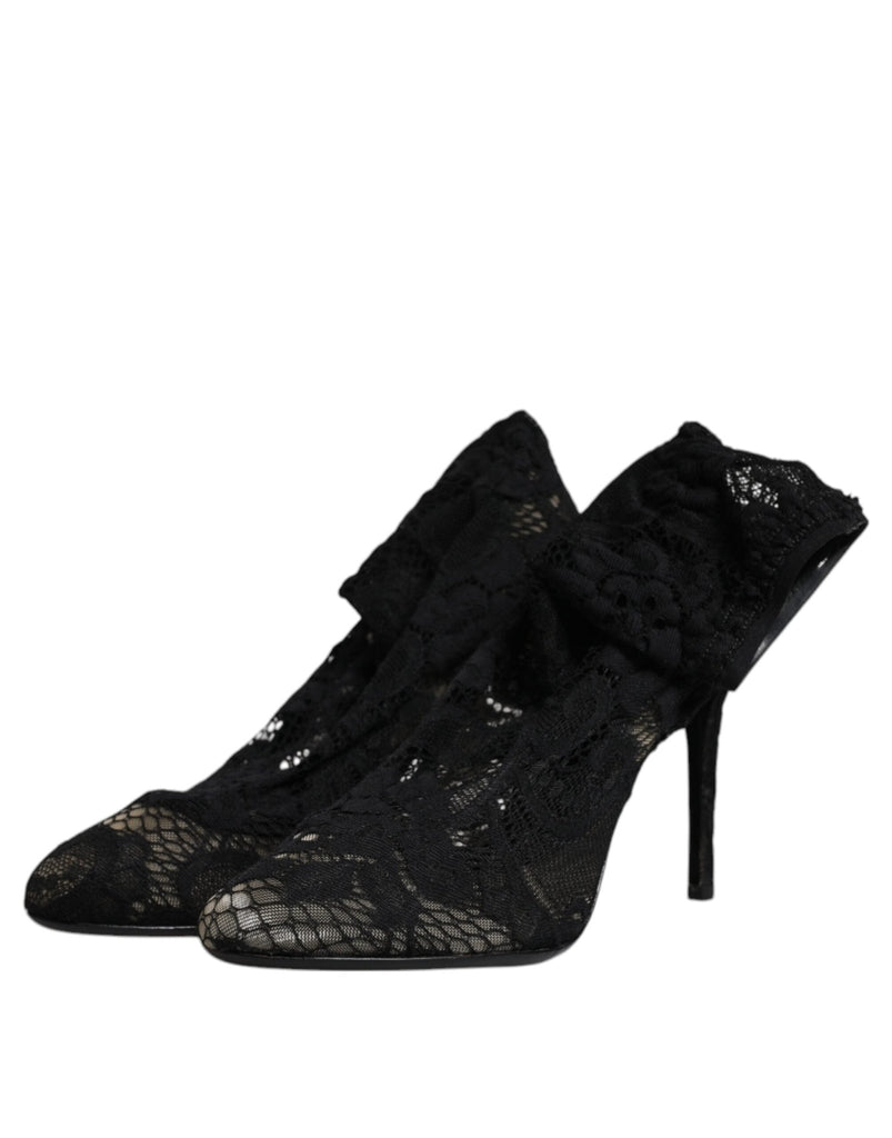 Dolce & Gabbana Black Lace Stretch Heels Mid Calf Boots Shoes - Beyzy Store - Dolce & Gabbana