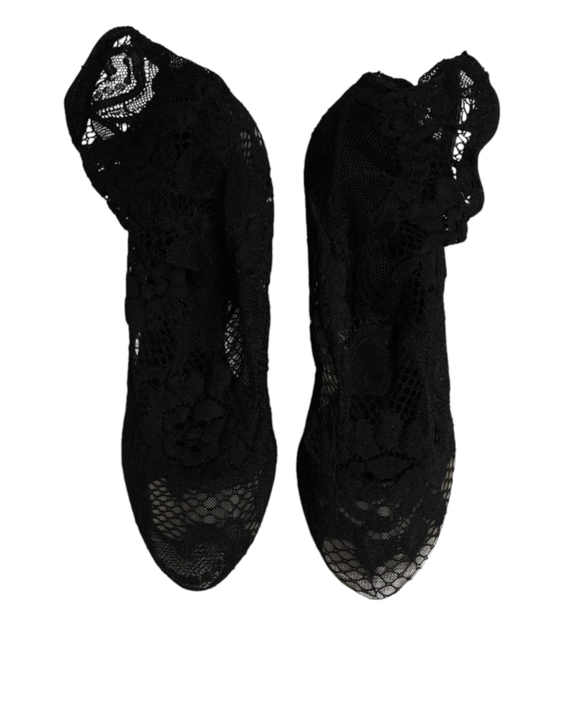 Dolce & Gabbana Black Lace Stretch Heels Mid Calf Boots Shoes - Beyzy Store - Dolce & Gabbana