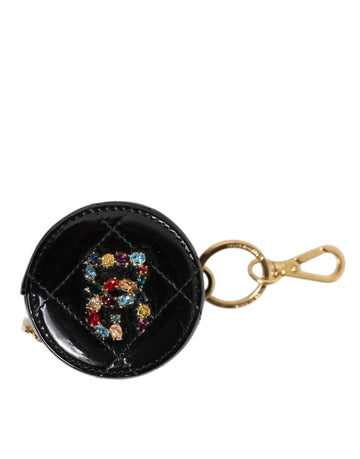 Dolce & Gabbana Black Lamb Leather DG Crystal Logo Round Coin Purse Wallet - Beyzy Store - Dolce & Gabbana