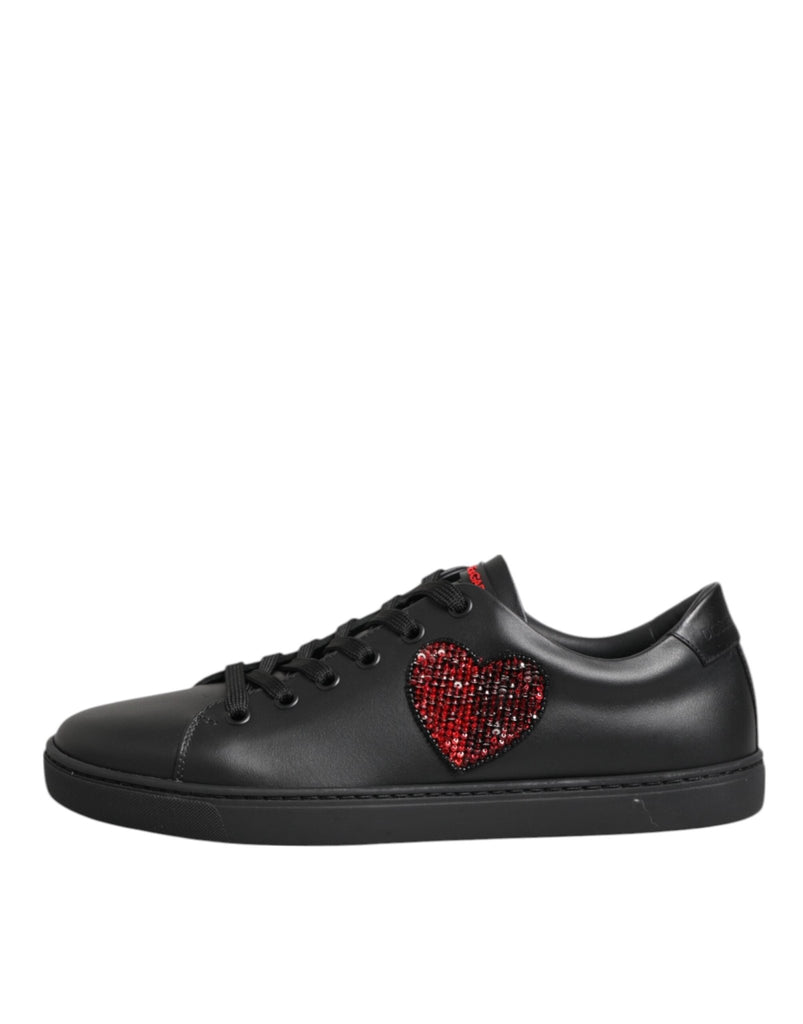 Dolce & Gabbana Black Leather Crystal Heart Low Top Sneakers Shoes - Beyzy Store - Dolce & Gabbana