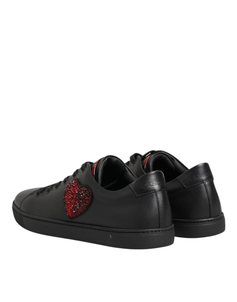 Dolce & Gabbana Black Leather Crystal Heart Low Top Sneakers Shoes - Beyzy Store - Dolce & Gabbana