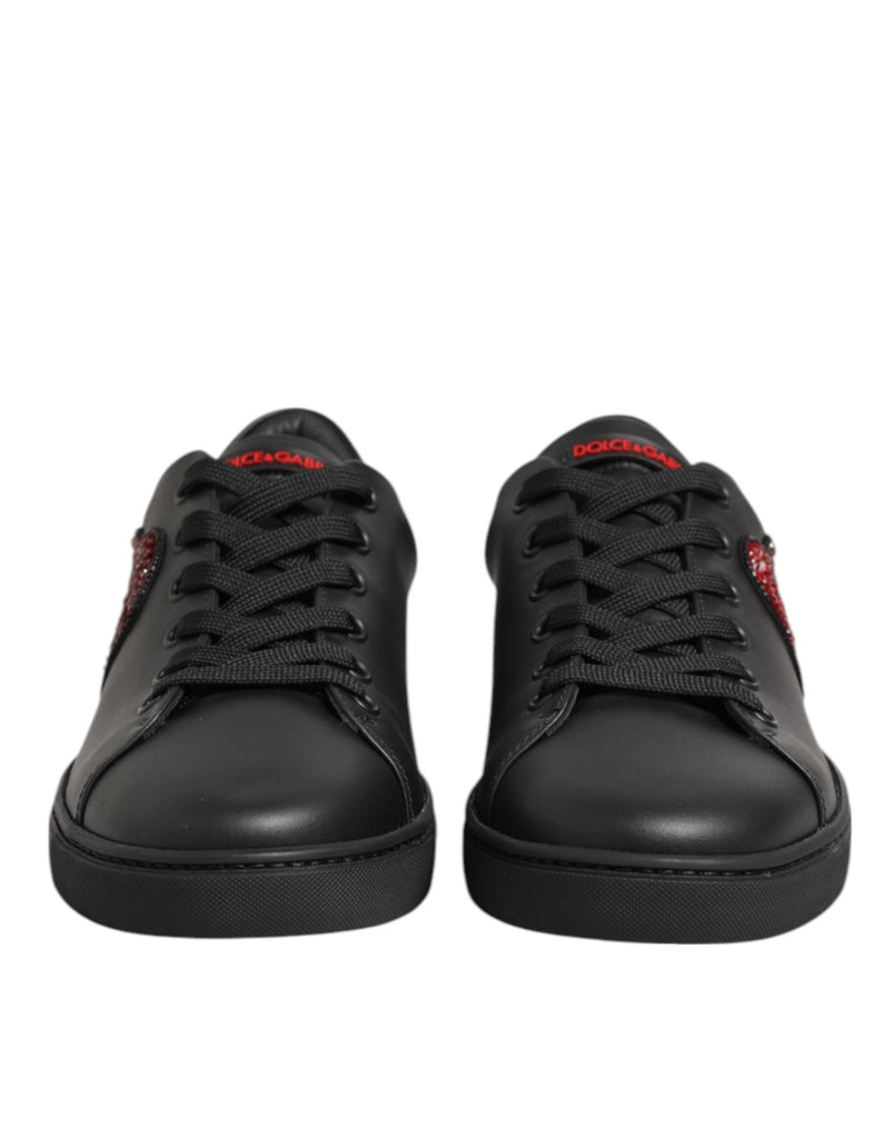 Dolce & Gabbana Black Leather Crystal Heart Low Top Sneakers Shoes - Beyzy Store - Dolce & Gabbana