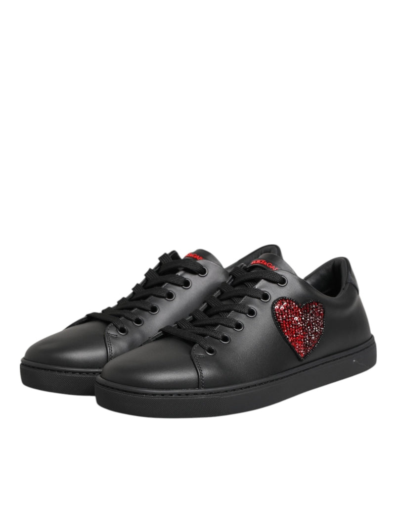 Dolce & Gabbana Black Leather Crystal Heart Low Top Sneakers Shoes - Beyzy Store - Dolce & Gabbana