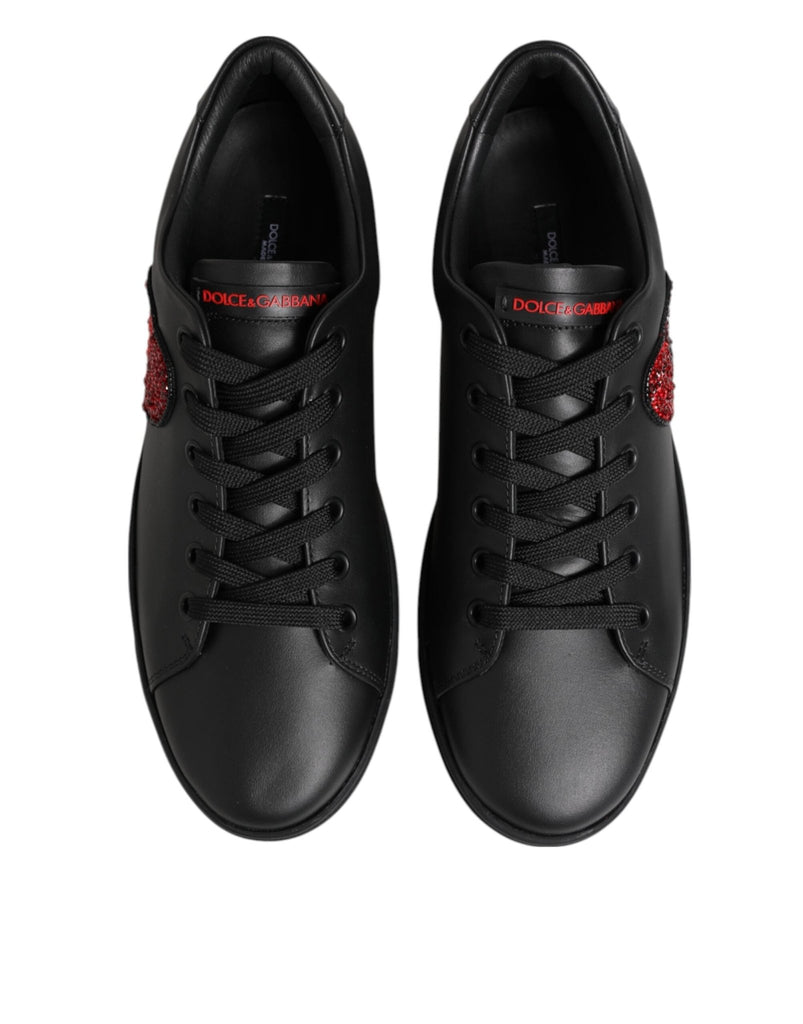 Dolce & Gabbana Black Leather Crystal Heart Low Top Sneakers Shoes - Beyzy Store - Dolce & Gabbana