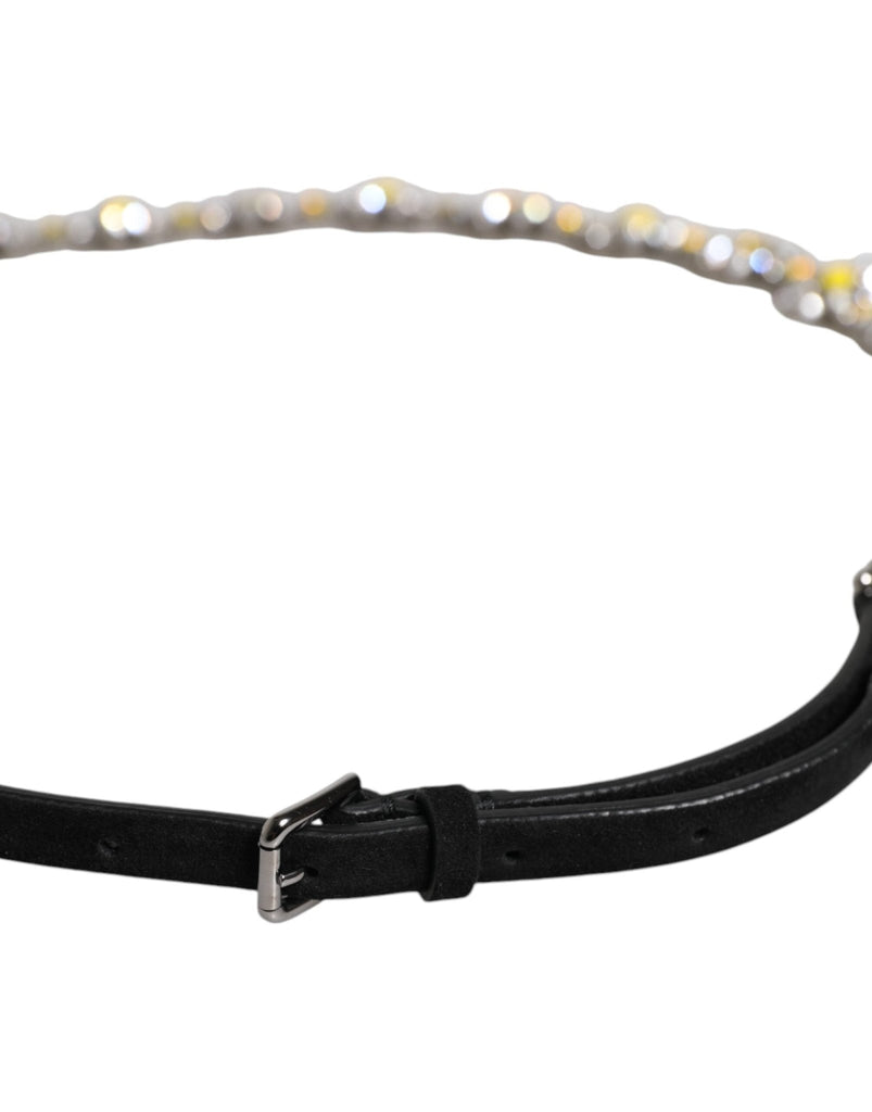 Dolce & Gabbana Black Leather Daisy Crystal Embellish Waist Belt - Beyzy Store - Dolce & Gabbana