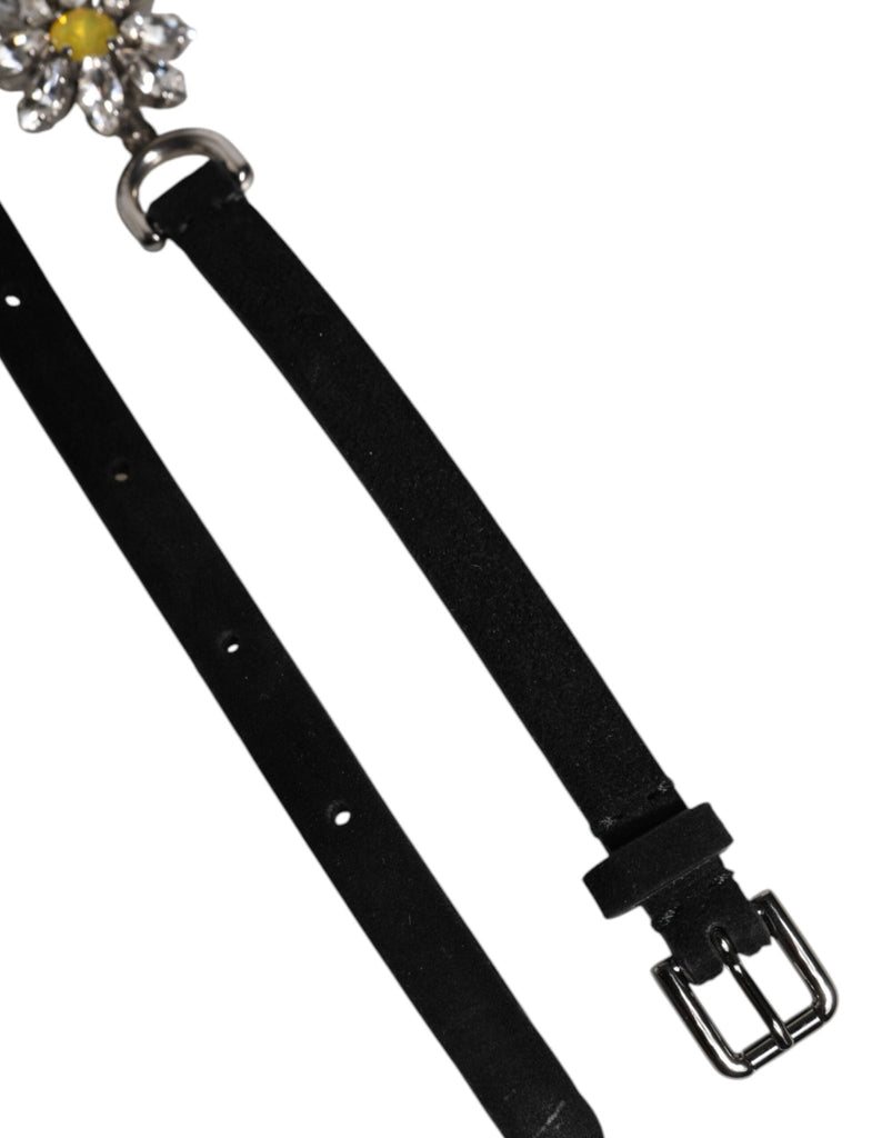 Dolce & Gabbana Black Leather Daisy Crystal Embellish Waist Belt - Beyzy Store - Dolce & Gabbana
