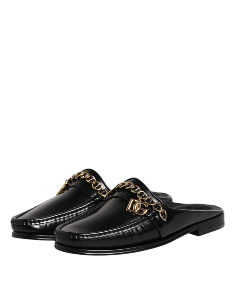 Dolce & Gabbana Black Leather DG Chain Embellished Sandals Shoes - Beyzy Store - Dolce & Gabbana