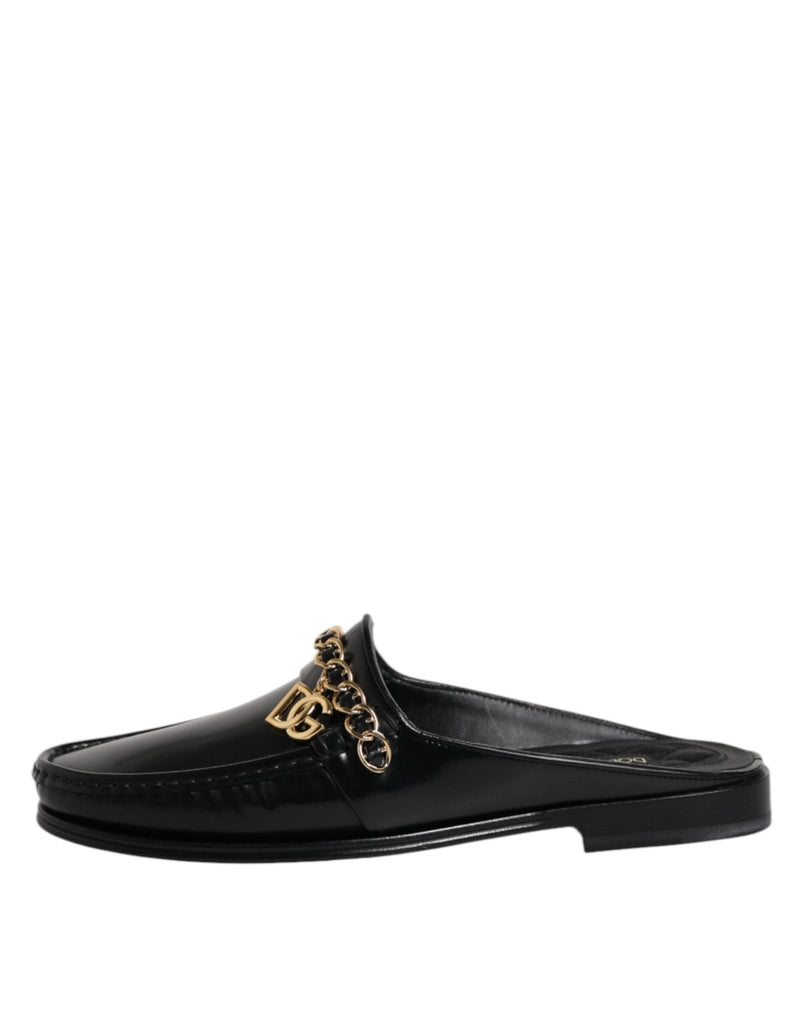 Dolce & Gabbana Black Leather DG Chain Embellished Sandals Shoes - Beyzy Store - Dolce & Gabbana