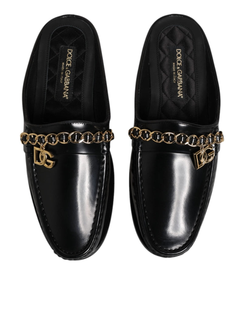 Dolce & Gabbana Black Leather DG Chain Embellished Sandals Shoes - Beyzy Store - Dolce & Gabbana