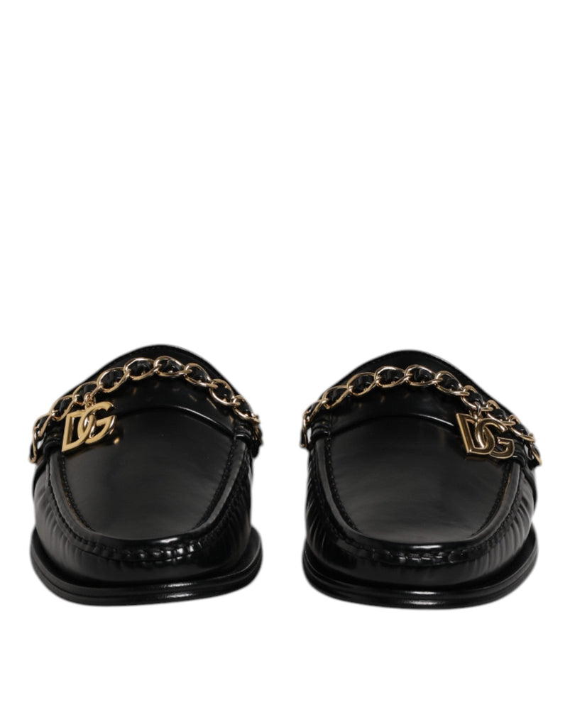 Dolce & Gabbana Black Leather DG Chain Embellished Sandals Shoes - Beyzy Store - Dolce & Gabbana