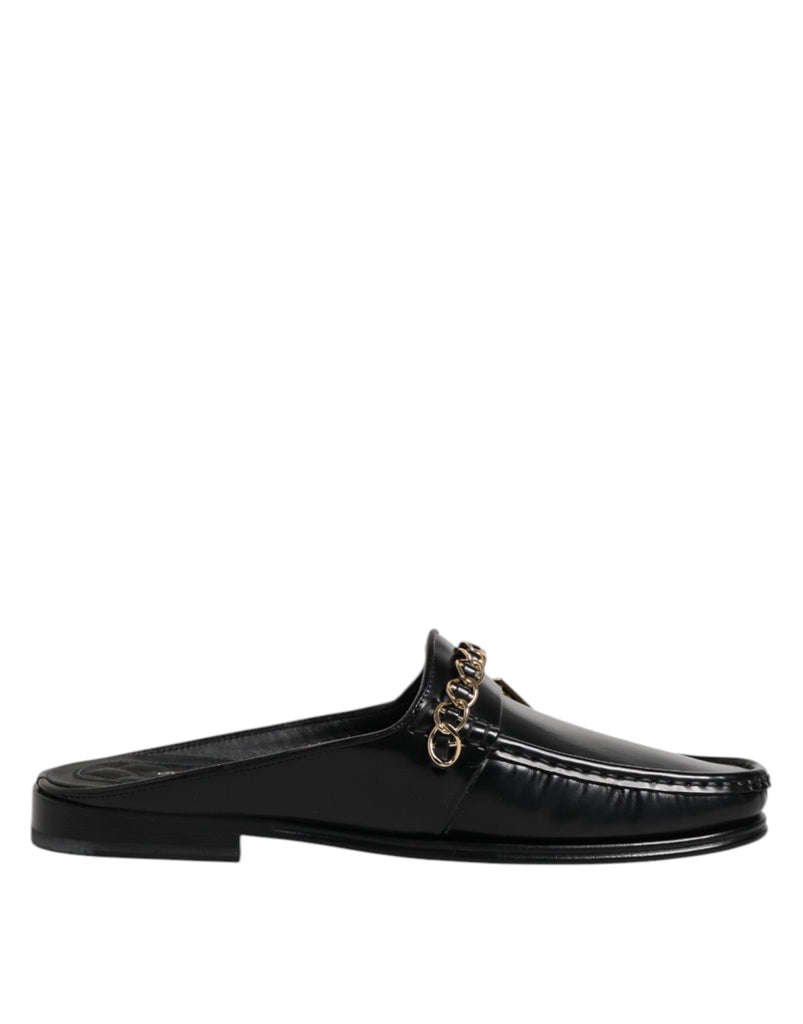 Dolce & Gabbana Black Leather DG Chain Embellished Sandals Shoes - Beyzy Store - Dolce & Gabbana