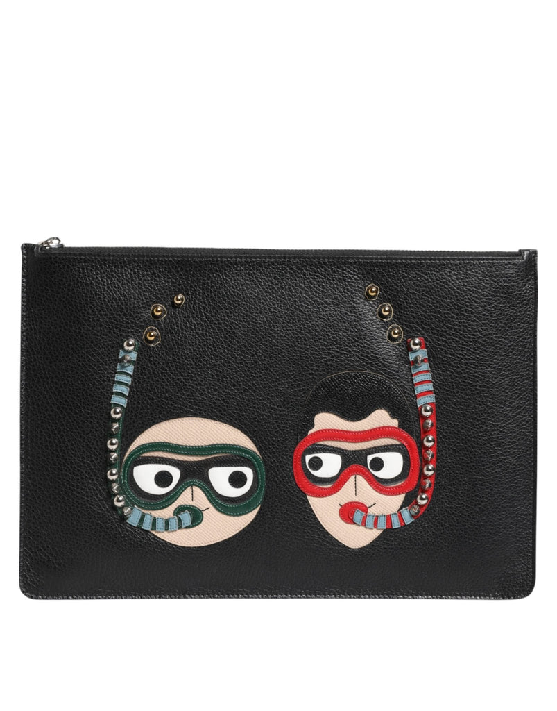 Dolce & Gabbana Black Leather DGFAMILY Embellished Men Clutch Pouch Bag - Beyzy Store - Dolce & Gabbana