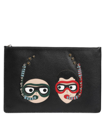 Dolce & Gabbana Black Leather DGFAMILY Embellished Men Clutch Pouch Bag - Beyzy Store - Dolce & Gabbana