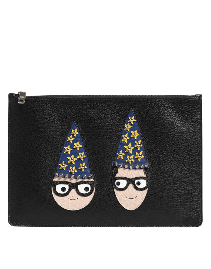 Dolce & Gabbana Black Leather DGFAMILY Embellished Men Clutch Pouch Bag - Beyzy Store - Dolce & Gabbana
