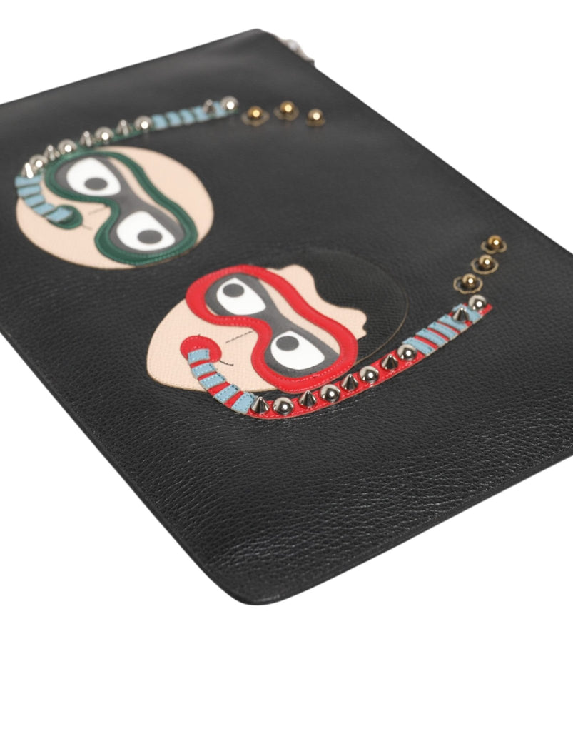 Dolce & Gabbana Black Leather DGFAMILY Embellished Men Clutch Pouch Bag - Beyzy Store - Dolce & Gabbana