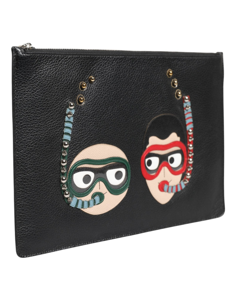 Dolce & Gabbana Black Leather DGFAMILY Embellished Men Clutch Pouch Bag - Beyzy Store - Dolce & Gabbana