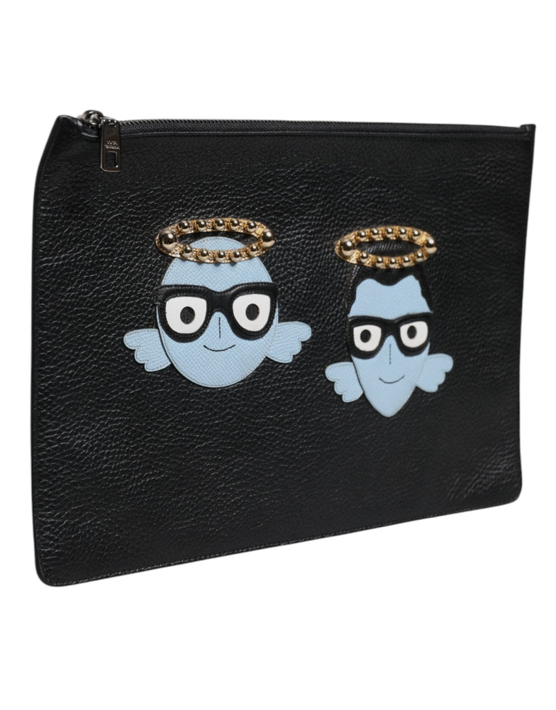 Dolce & Gabbana Black Leather #DGFAMILY Embellished Men Zip Pouch Bag - Beyzy Store - Dolce & Gabbana