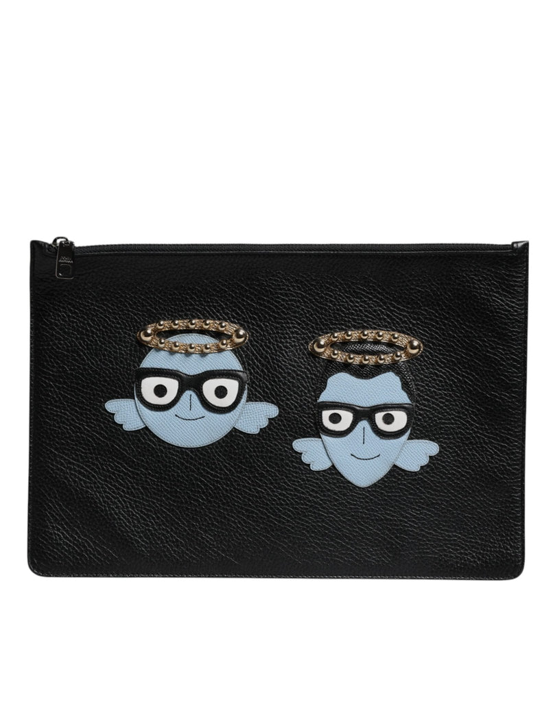 Dolce & Gabbana Black Leather #DGFAMILY Embellished Men Zip Pouch Bag - Beyzy Store - Dolce & Gabbana