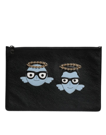 Dolce & Gabbana Black Leather #DGFAMILY Embellished Men Zip Pouch Bag - Beyzy Store - Dolce & Gabbana