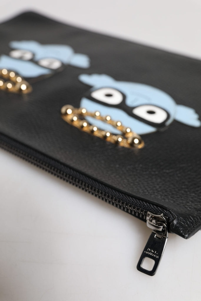 Dolce & Gabbana Black Leather #DGFAMILY Embellished Men Zip Pouch Bag - Beyzy Store - Dolce & Gabbana