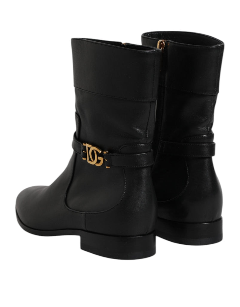 Dolce & Gabbana Black Leather Flats Logo Short Boots Shoes - Beyzy Store - Dolce & Gabbana