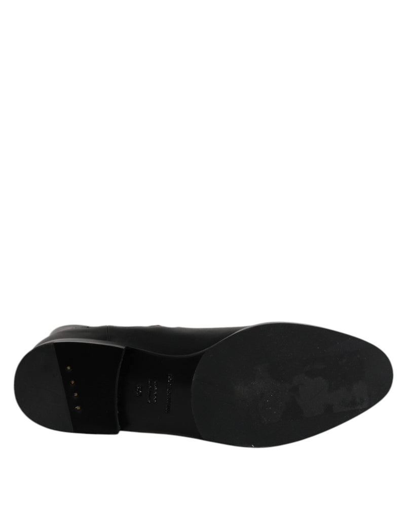 Dolce & Gabbana Black Leather Flats Logo Short Boots Shoes - Beyzy Store - Dolce & Gabbana