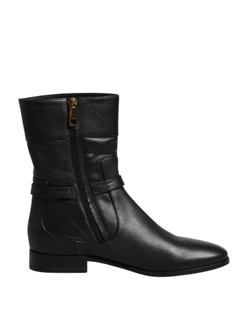 Dolce & Gabbana Black Leather Flats Logo Short Boots Shoes - Beyzy Store - Dolce & Gabbana