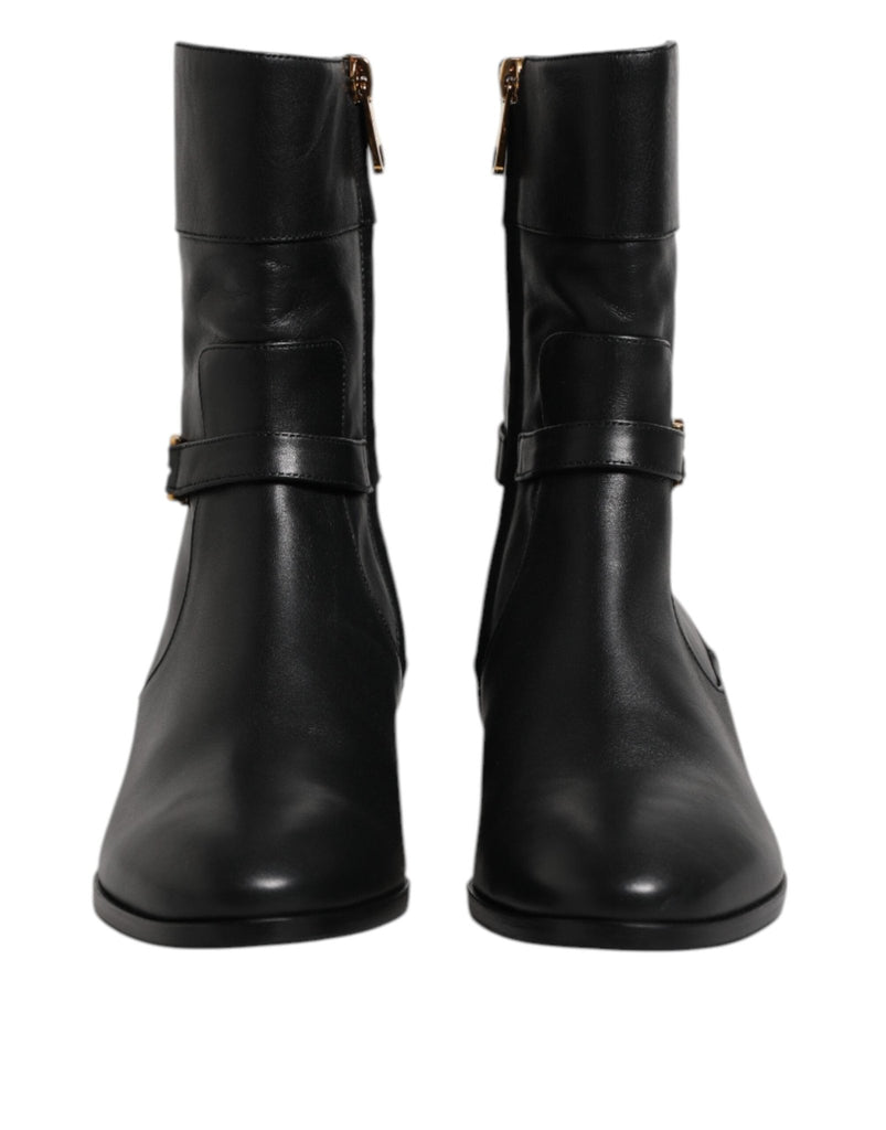 Dolce & Gabbana Black Leather Flats Logo Short Boots Shoes - Beyzy Store - Dolce & Gabbana