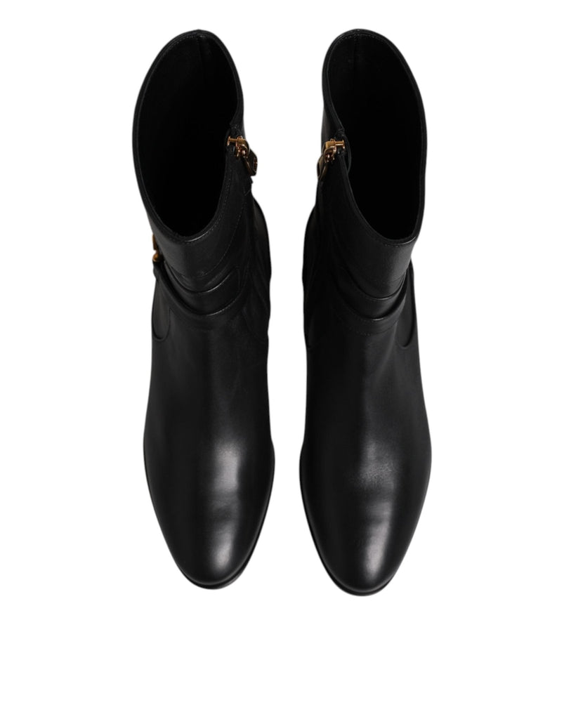Dolce & Gabbana Black Leather Flats Logo Short Boots Shoes - Beyzy Store - Dolce & Gabbana