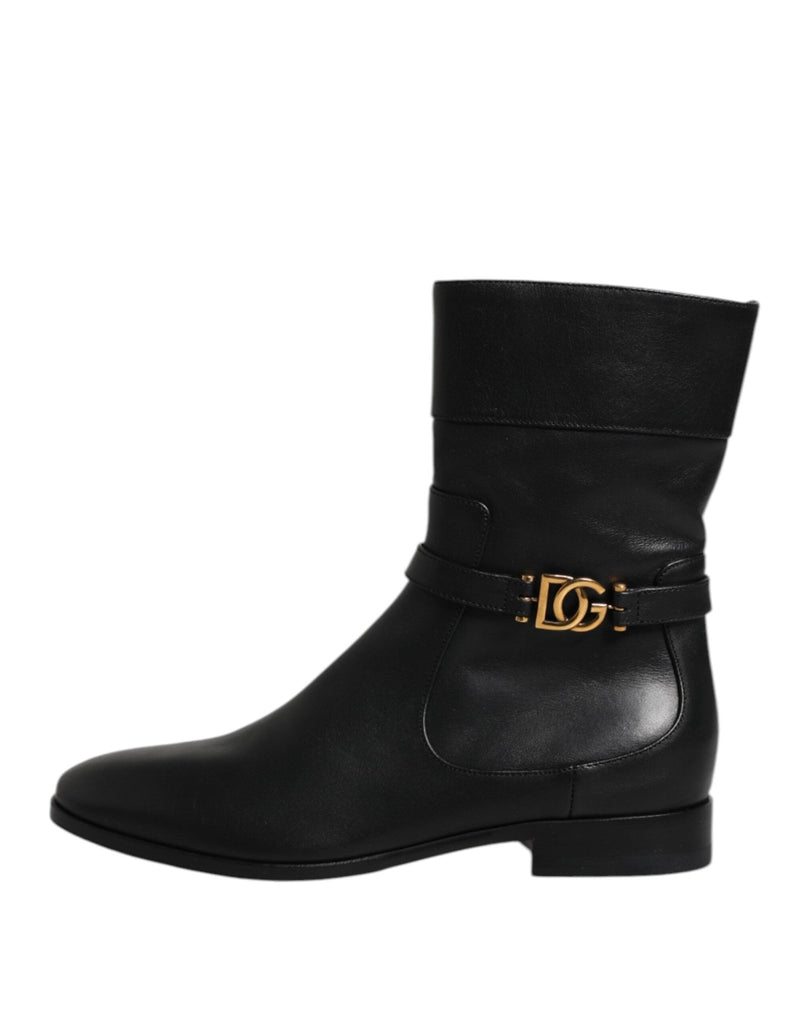 Dolce & Gabbana Black Leather Flats Logo Short Boots Shoes - Beyzy Store - Dolce & Gabbana