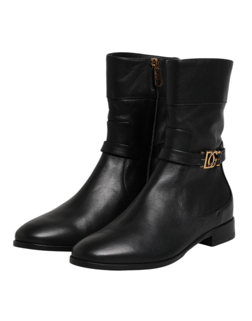 Dolce & Gabbana Black Leather Flats Logo Short Boots Shoes - Beyzy Store - Dolce & Gabbana