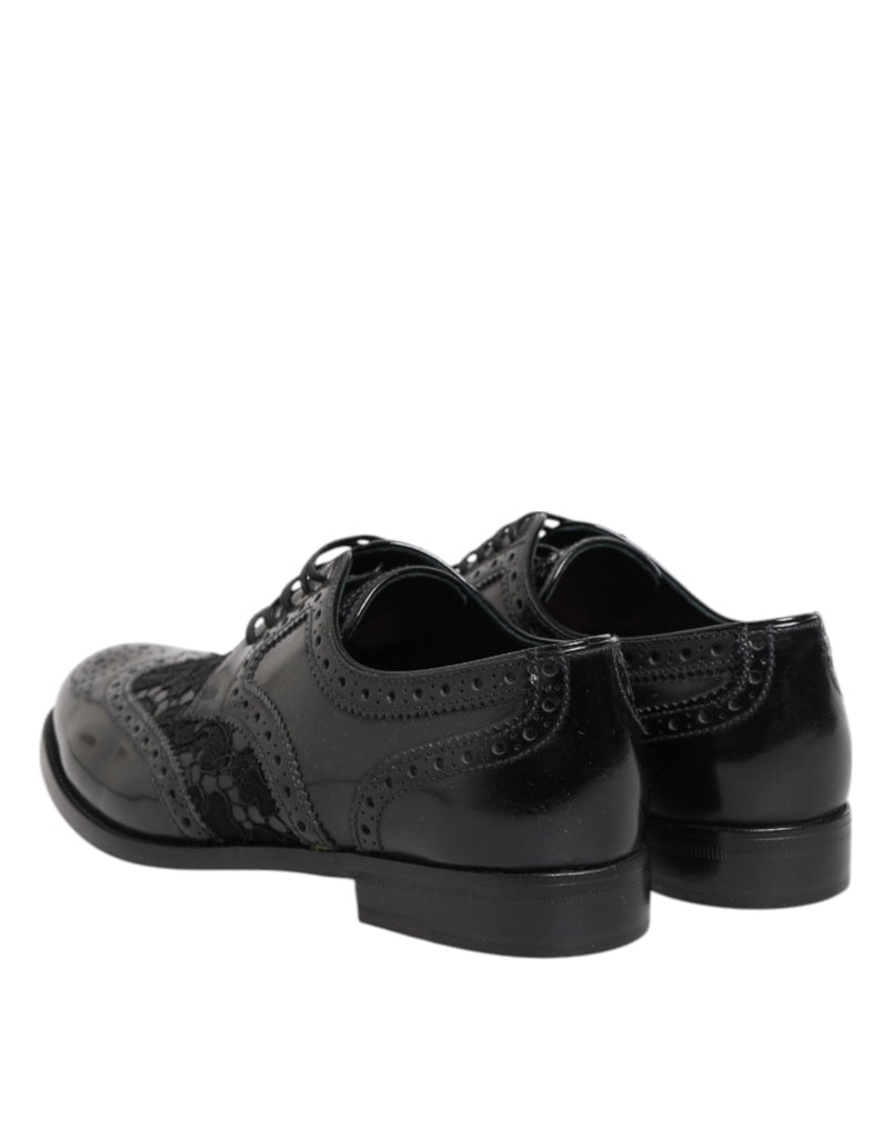 Dolce & Gabbana Black Leather Floral Lace Dress Formal Shoes - Beyzy Store - Dolce & Gabbana