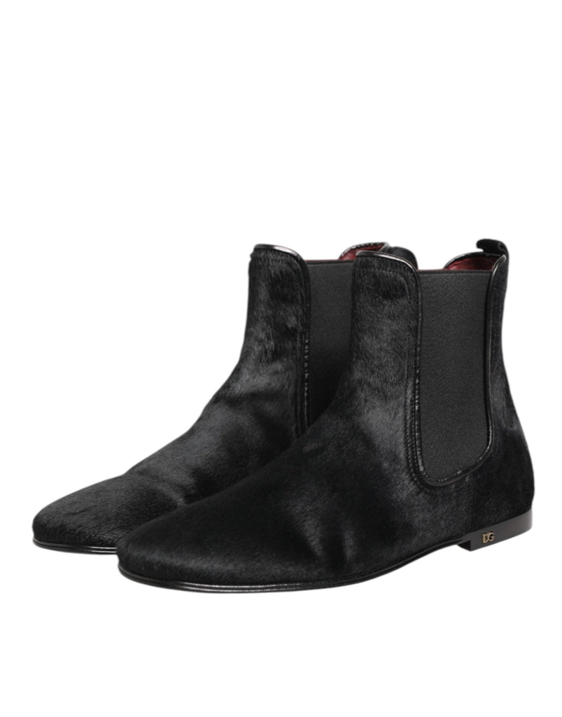 Dolce & Gabbana Black Leather Fur Men CHELSEA Boots Shoes - Beyzy Store - Dolce & Gabbana