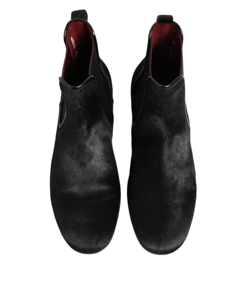 Dolce & Gabbana Black Leather Fur Men CHELSEA Boots Shoes - Beyzy Store - Dolce & Gabbana