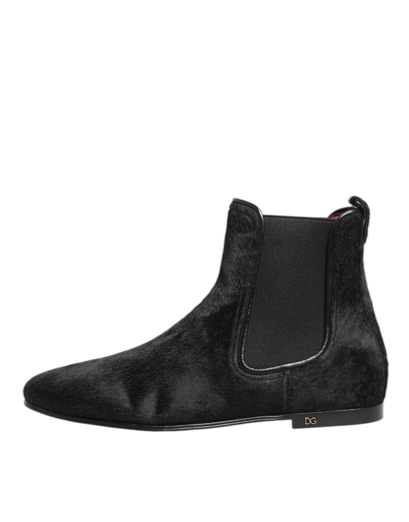 Dolce & Gabbana Black Leather Fur Men CHELSEA Boots Shoes - Beyzy Store - Dolce & Gabbana