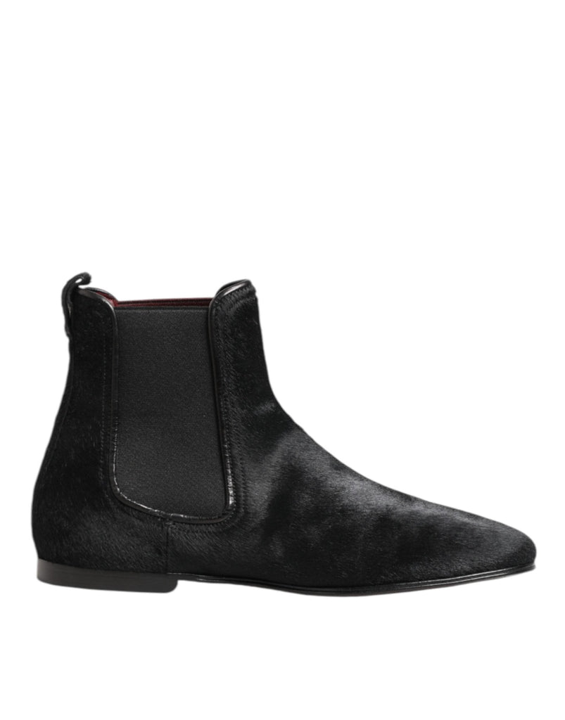 Dolce & Gabbana Black Leather Fur Men CHELSEA Boots Shoes - Beyzy Store - Dolce & Gabbana