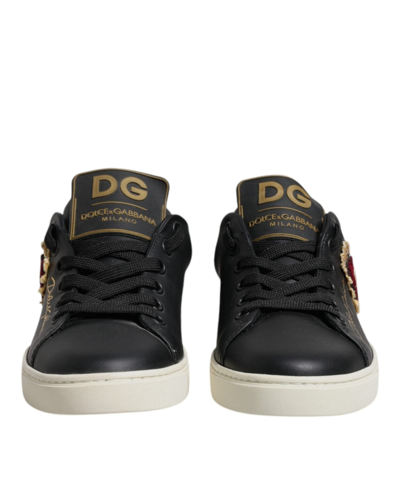 Dolce & Gabbana Black Leather Gold Red Heart Sneakers Shoes - Beyzy Store - Dolce & Gabbana