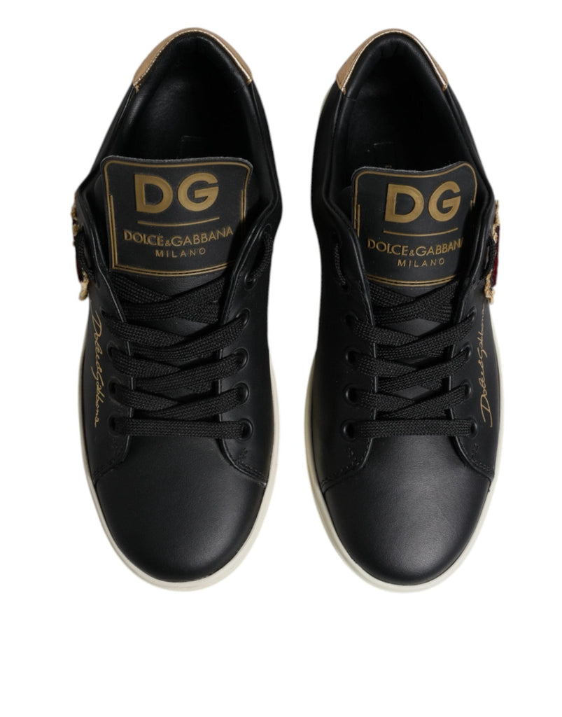 Dolce & Gabbana Black Leather Gold Red Heart Sneakers Shoes - Beyzy Store - Dolce & Gabbana