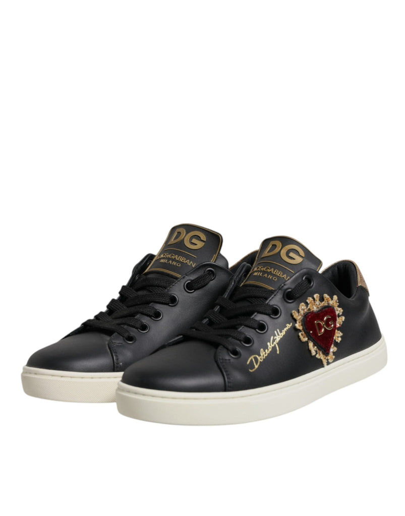 Dolce & Gabbana Black Leather Gold Red Heart Sneakers Shoes - Beyzy Store - Dolce & Gabbana