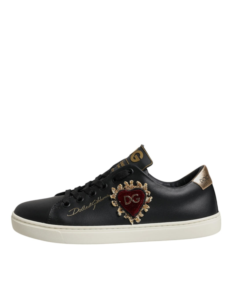 Dolce & Gabbana Black Leather Gold Red Heart Sneakers Shoes - Beyzy Store - Dolce & Gabbana