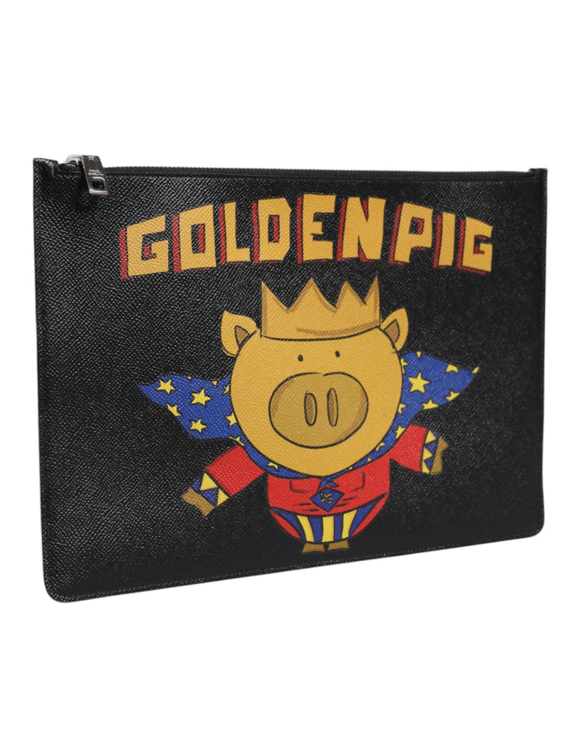 Dolce & Gabbana Black Leather Golden Pig Print Men Clutch Pouch Borse Bag - Beyzy Store - Dolce & Gabbana