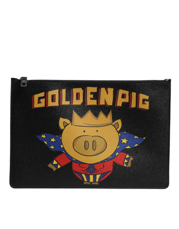 Dolce & Gabbana Black Leather Golden Pig Print Men Clutch Pouch Borse Bag - Beyzy Store - Dolce & Gabbana