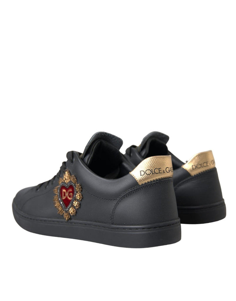 Dolce & Gabbana Black Leather Heart Embellished Sneakers Shoes - Beyzy Store - Dolce & Gabbana
