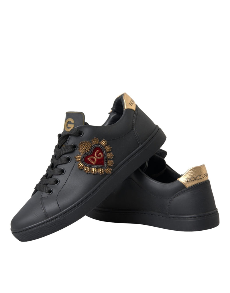 Dolce & Gabbana Black Leather Heart Embellished Sneakers Shoes - Beyzy Store - Dolce & Gabbana